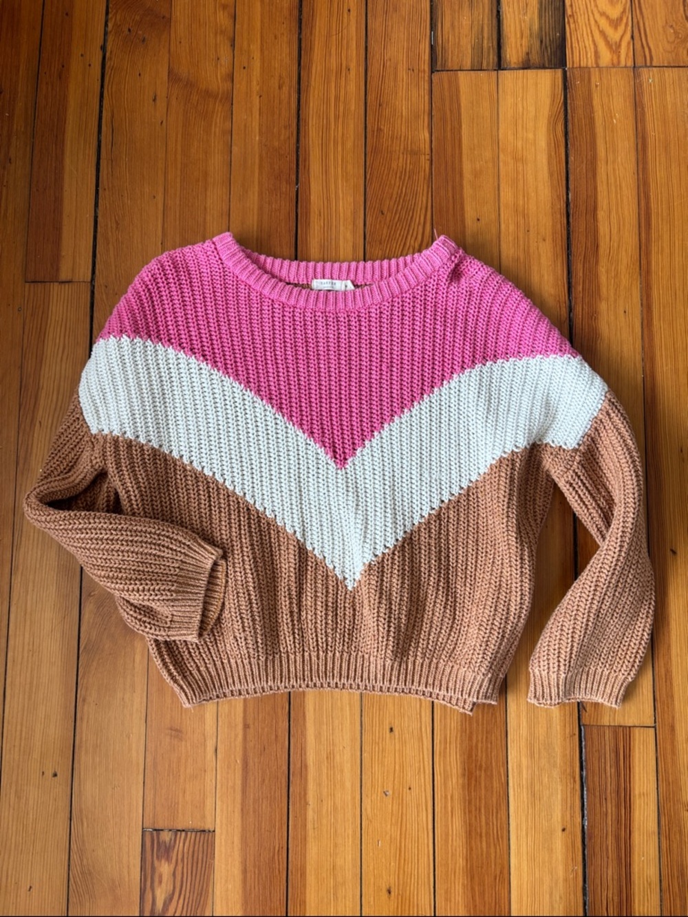 Chevron Colorblock Crewneck Sweater - Pink, White & Tan